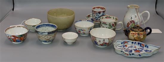 Chinese Export sparrowbeak jug, a 19C shaped square tea bowl on stand & sundry other Asian polychrome ceramics